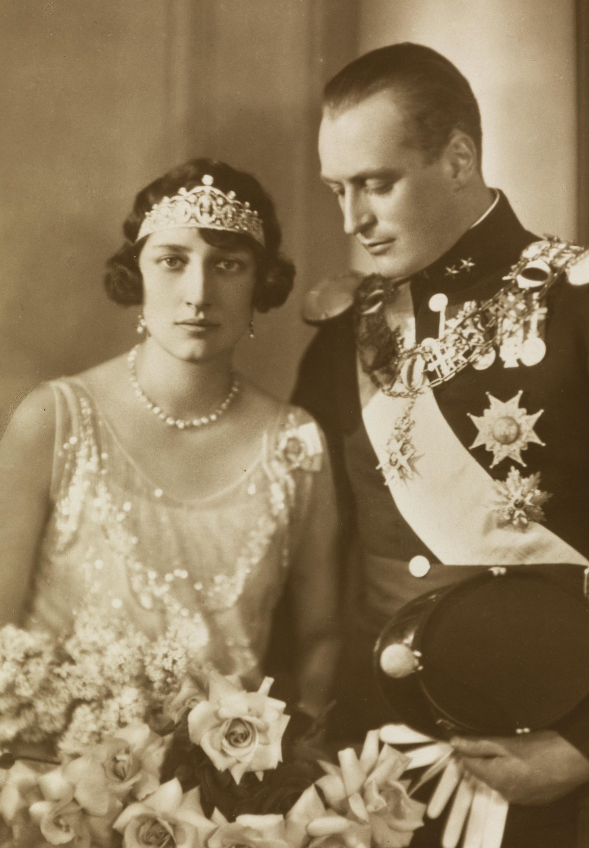 Princess Martha of Sweden, pictured with Crown Prince Olav of Norway, wears her wedding gift tiara, March 1929 (National Library of Norway)
