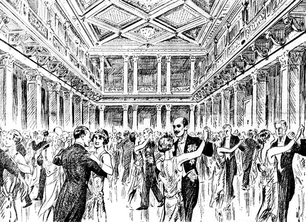 Oyvind Sorensen's illustration of the state ball at the Royal Palace in Oslo, March 19, 1929 (National Library of Norway)
