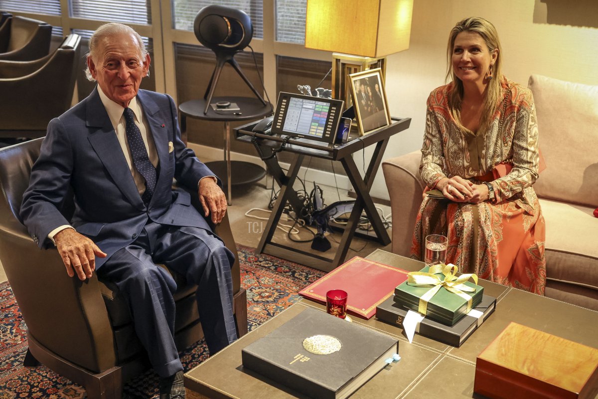 Queen Maxima of the Netherlands meets with Moroccan banker, businessman and boss of BMCE Bank Othmane Benjelloun in Casablanca on March 20, 2023, during a visit to Morocco as a special representative of the UN Secretary-General for Financial Inclusion and Development (FADEL SENNA/AFP via Getty Images)