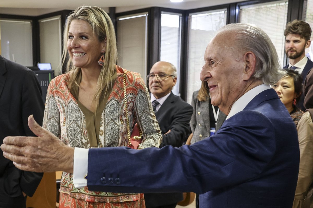 Queen Maxima of the Netherlands meets with Moroccan banker, businessman and boss of BMCE Bank Othmane Benjelloun in Casablanca on March 20, 2023, during a visit to Morocco as a special representative of the UN Secretary-General for Financial Inclusion and Development (FADEL SENNA/AFP via Getty Images)