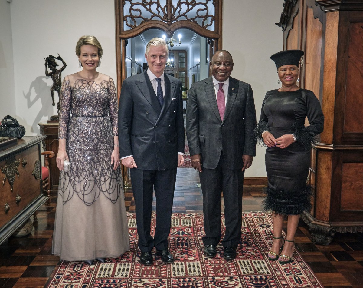 The King and Queen of the Belgians, with South African President Cyril Ramaphosa and South African Minister of Social Development Lindiwe Zulu, arrive for the state banquet at the Sefako Makgatho Presidential Guesthouse in Pretoria, during a state visit to the Republic of South Africa, Thursday 23 March 2023 (OLIVIER POLET/BELGA MAG/AFP via Getty Images)