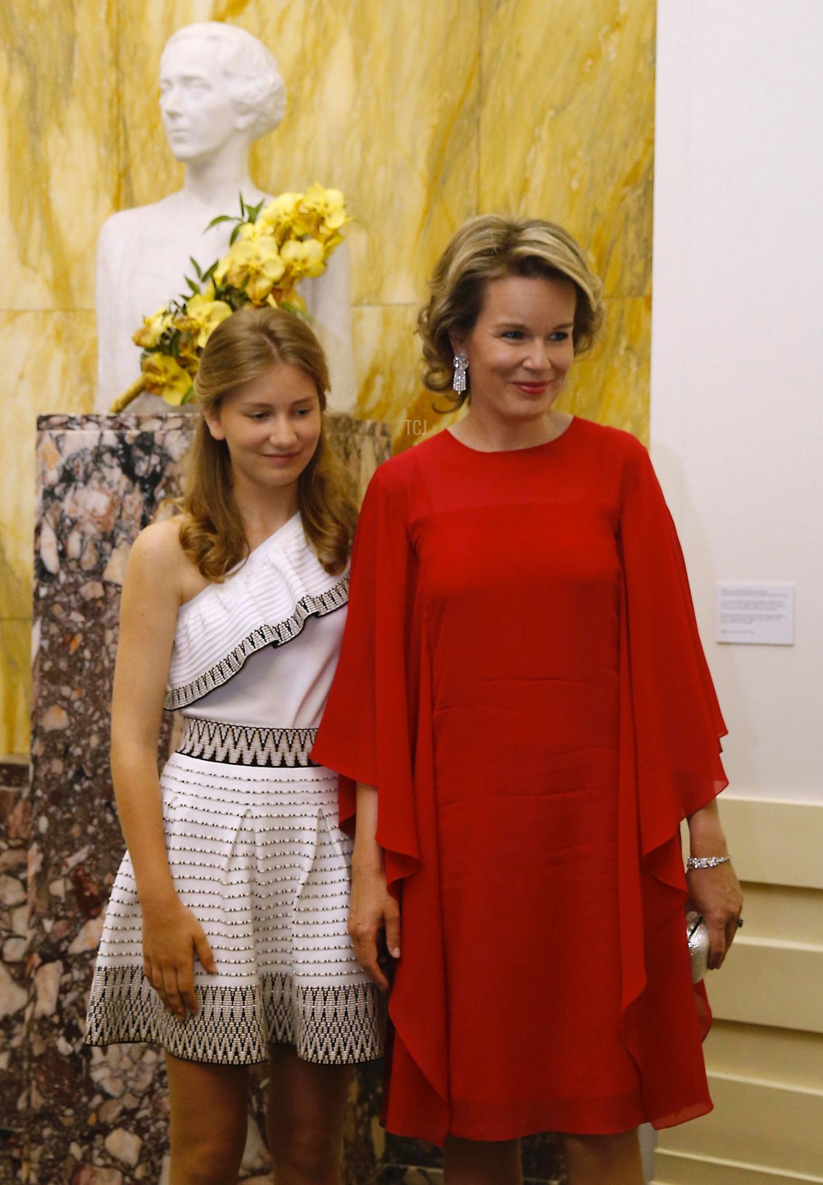 The Duchess of Brabant and the Queen of the Belgians pose after the finals of the Queen Elisabeth Cello Competition in Brussels, on June 3, 2017 (NICOLAS MAETERLINCK/AFP via Getty Images)