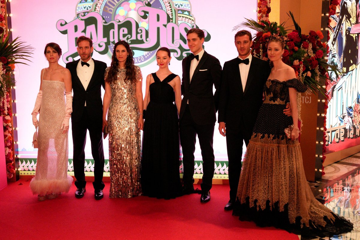 Charlotte Casiraghi Rassam, Andrea Casiraghi, Tatiana Santo Domingo Casiraghi, Princess Alexandra of Hanover, Ben-Sylvester Strautmann, Pierre Casiraghi, and Beatrice Borromeo Casiraghi pose on the red carpet upon their arrival for the "Bal de la Rose," or Rose Ball, in Monaco on March 25, 2023 (DANIEL COLE/POOL/AFP via Getty Images)