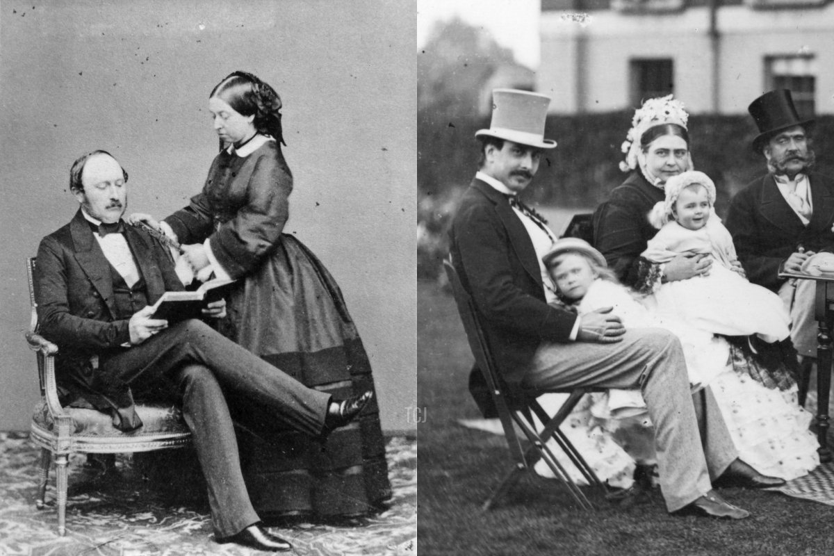 Queen Victoria and Prince Albert at Buckingham Palace, May 15, 1860 (Keystone/Getty Images); The Duke and Duchess of Teck with two of their children (including the future Queen Mary) at a tea party, ca. 1873 (Hulton Archive/Getty Images)