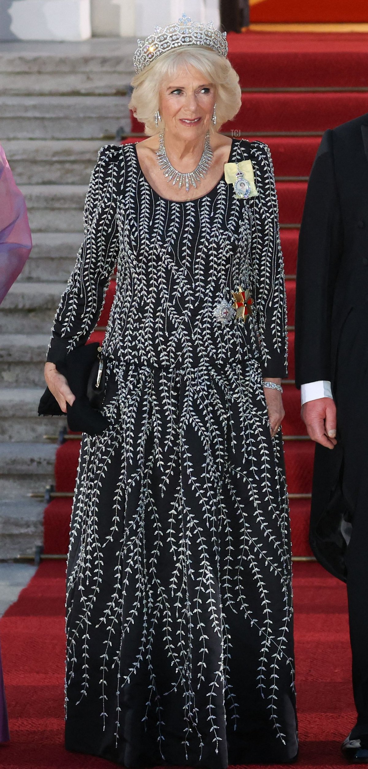 Queen Camilla arrives for a state banquet at the Schloss Bellevue in Berlin, on March 29, 2023 (RONNY HARTMANN/AFP via Getty Images)