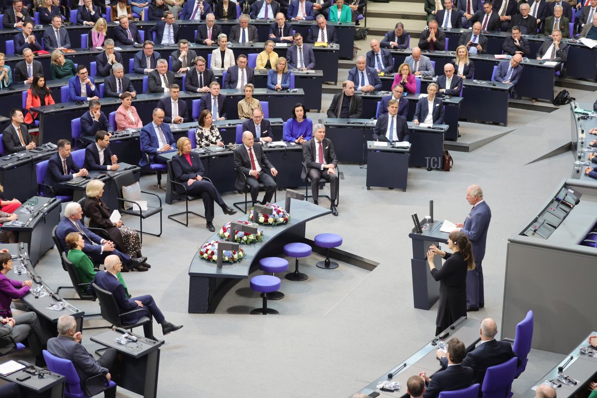 King Charles III addresses members of the German Bundestag at the Reichstag Building on March 30, 2023 in Berlin, Germany (Chris Jackson/Getty Images)
