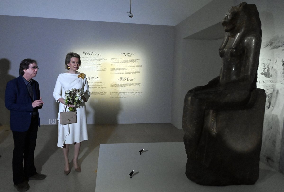 Queen Mathilde of the Belgians visits a new exhibition, "Expedition Egypt," at the Museum of Art & History in Brussels on March 30, 2023 (ERIC LALMAND/BELGA MAG/AFP via Getty Images)