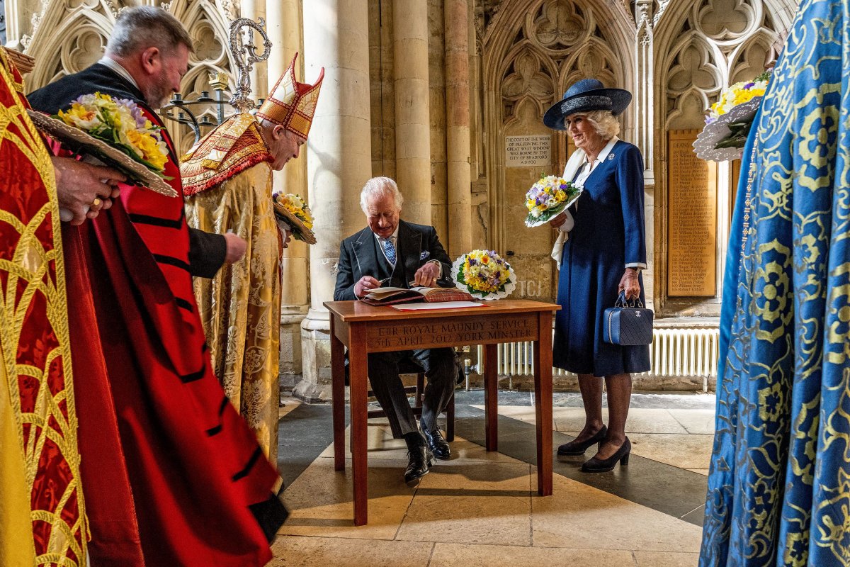 King Charles III and Queen Camilla attend the Royal Maundy service at York Minster on April 6, 2023 (CHARLOTTE GRAHAM/POOL/AFP via Getty Images)