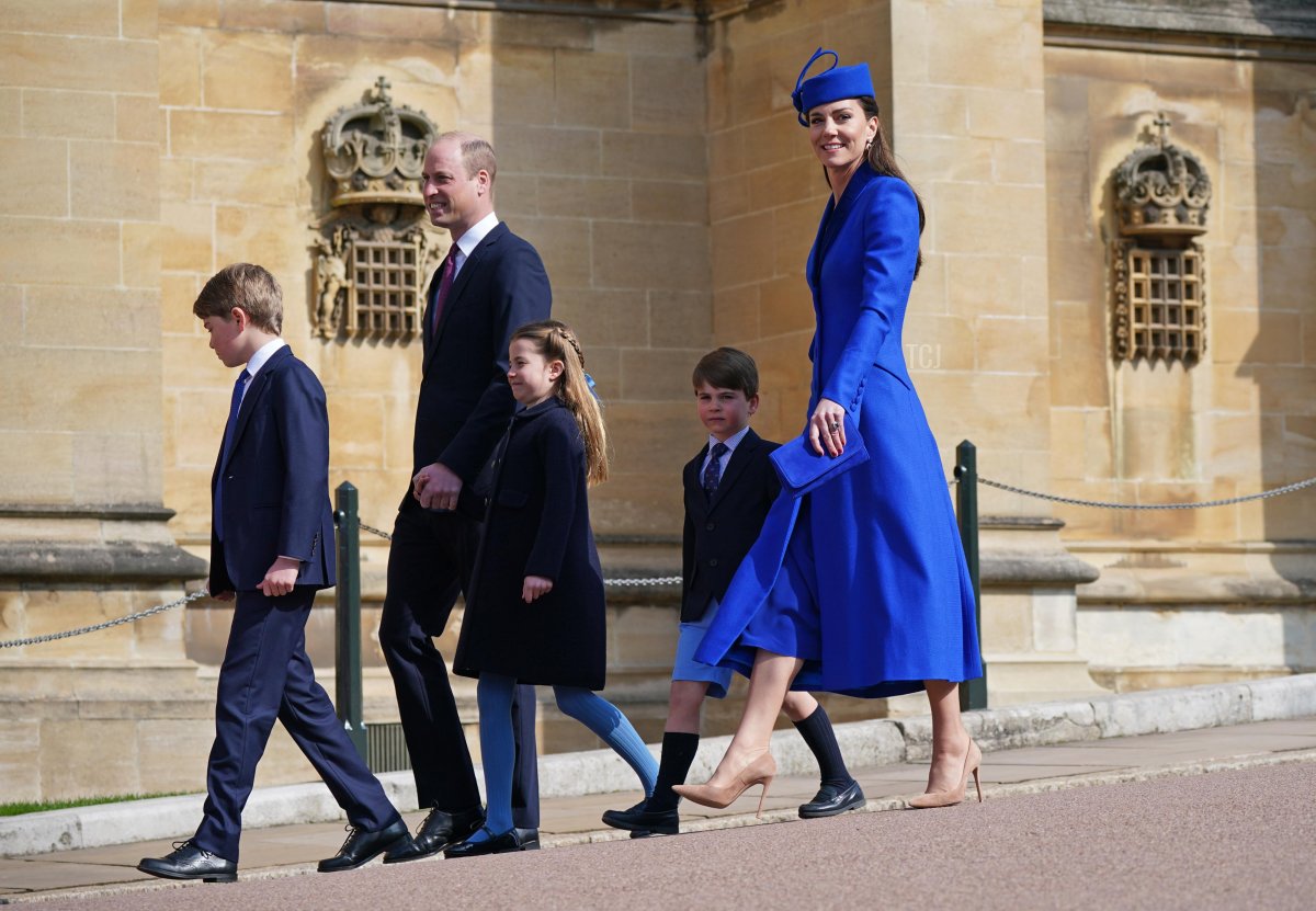 The Prince and Princess of Wales, with Prince George, Princess Charlotte, and Prince Louis, attend the Easter Matins Service at Windsor Castle on April 9, 2023 in Windsor, England (Yui Mok - WPA Pool/Getty Images)