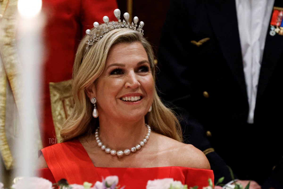 Queen Maxima of the Netherlands attends a state dinner at the Royal Palace in Amsterdam during the French state visit to the Netherlands on April 11, 2023 (LUDOVIC MARIN/AFP via Getty Images)