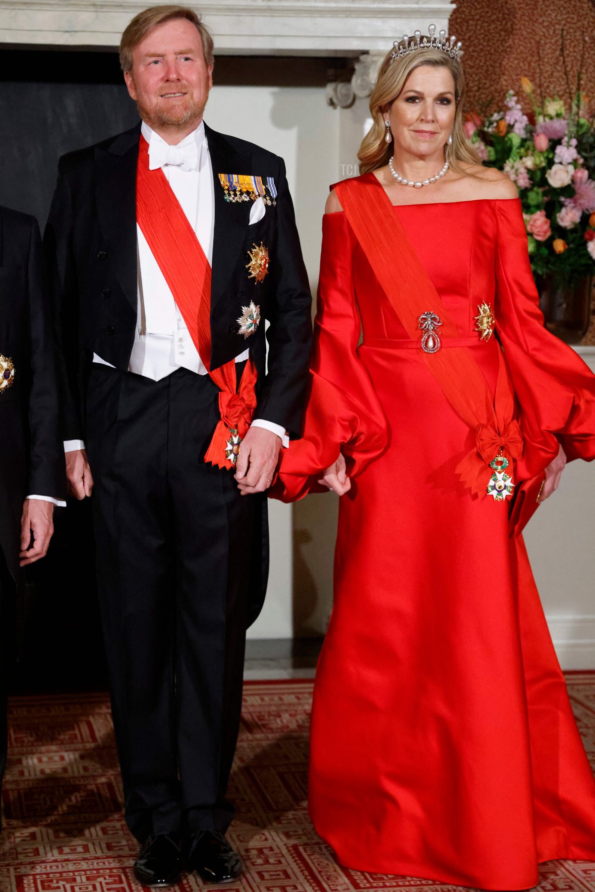 King Willem-Alexander and Queen Maxima of the Netherlands attend a state dinner at the Royal Palace in Amsterdam during the French state visit to the Netherlands on April 11, 2023 (LUDOVIC MARIN/AFP via Getty Images)