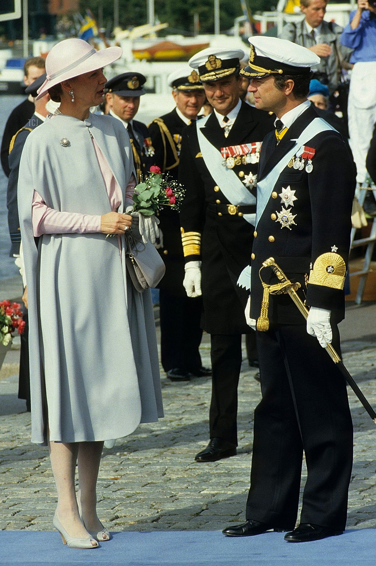 Queen Margrethe II and Prince Henrik of Denmark are pictured in Sweden with her cousin, King Carl XVI Gustaf, 1985 (Classic Picture Library/Alamy)