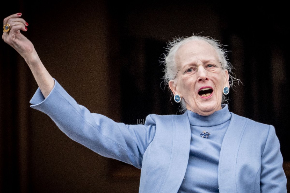 Queen Margrethe II of Denmark waves to the crowd on her 83rd birthday from the balcony of Amalienborg Castle in Copenhagen on April 16, 2023 (MADS CLAUS RASMUSSEN/Ritzau Scanpix/AFP via Getty Images)