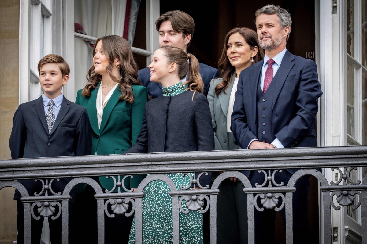 Prince Vincent, Princess Isabella, Prince Christian, Princess Josephine, Crown Princess Mary, and Crown Prince Frederik of Denmark are pictured on the balcony of Amalienborg Castle in Copenhagen on the Queen's 83rd birthday, April 16, 2023 (MADS CLAUS RASMUSSEN/Ritzau Scanpix/AFP via Getty Images)