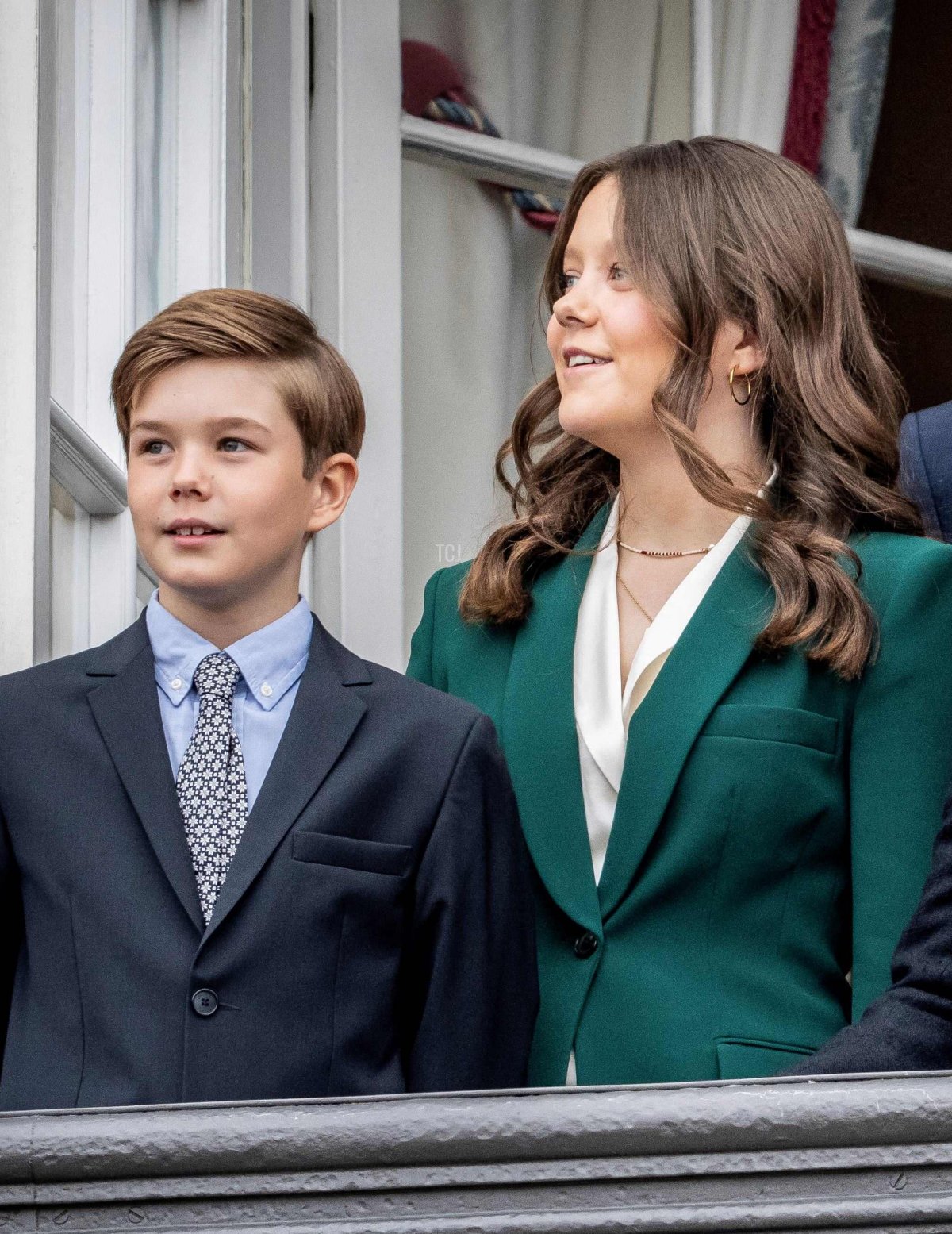 Prince Vincent and Princess Isabella are pictured on the balcony of Amalienborg Castle in Copenhagen on the Queen's 83rd birthday, April 16, 2023 (MADS CLAUS RASMUSSEN/Ritzau Scanpix/AFP via Getty Images)