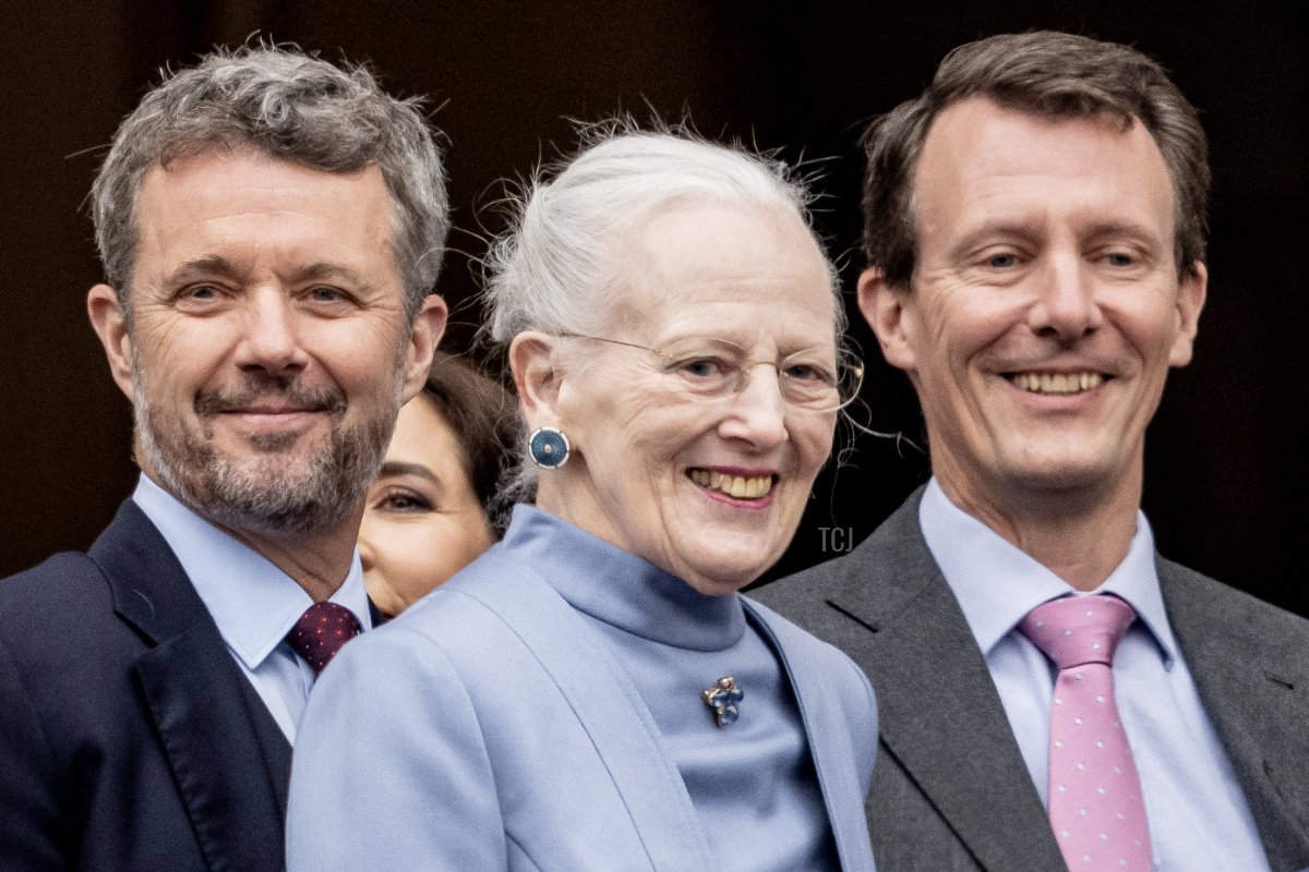 Crown Prince Frederik, Crown Princess Mary, Queen Margrethe II, and Prince Joachim of Denmark are pictured on the balconies of Amalienborg Castle in Copenhagen on the Queen's 83rd birthdayy, April 16, 2023 (MADS CLAUS RASMUSSEN/Ritzau Scanpix/AFP via Getty Images)