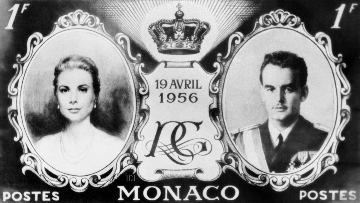 Photograph of the commemorative stamp to be issued by the Monaco Stamp Office to celebrate the wedding of Prince Rainier and Grace Kelly, 1956 (INTERCONTINENTALE/AFP via Getty Images)
