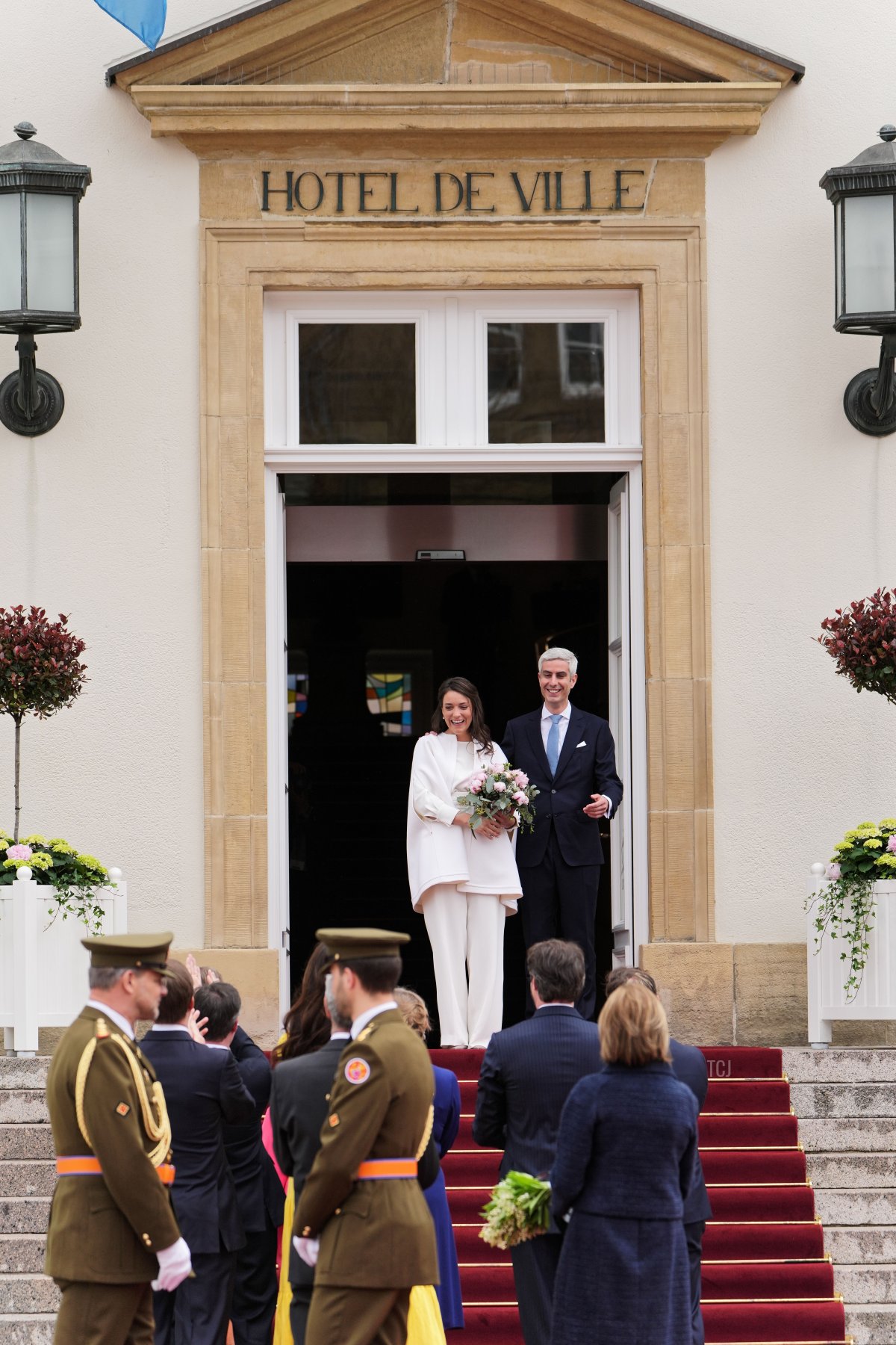 Princess Alexandra of Luxembourg and Nicolas Bagory arrive at the Hotel de Ville ahead of their civil wedding ceremony on April 22, 2023 in Luxembourg (Sylvain Lefevre/Getty Images)