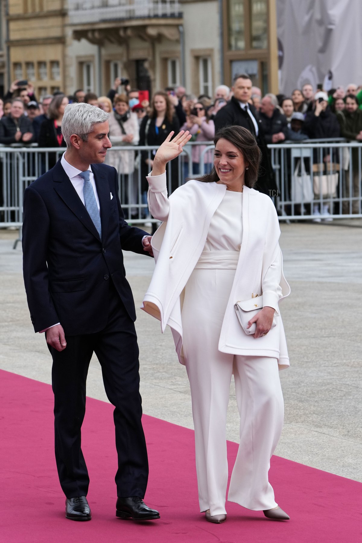 Princess Alexandra of Luxembourg and Nicolas Bagory arrive at the Hotel de Ville ahead of their civil wedding ceremony on April 22, 2023 in Luxembourg (Sylvain Lefevre/Getty Images)