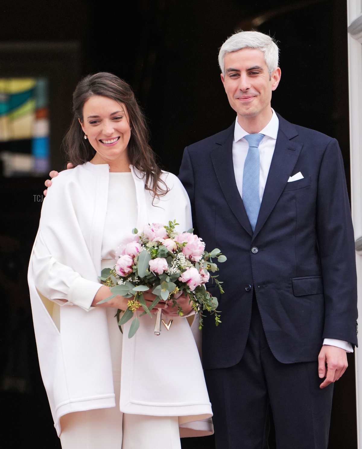 Princess Alexandra of Luxembourg and Nicolas Bagory arrive at the Hotel de Ville ahead of their civil wedding ceremony on April 22, 2023 in Luxembourg (Sylvain Lefevre/Getty Images)