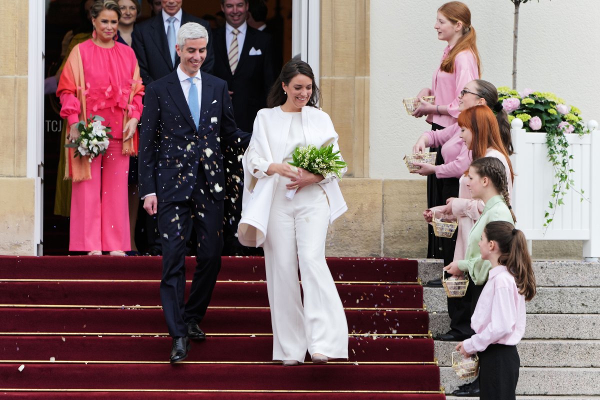 Princess Alexandra of Luxembourg and Nicolas Bagory leave the Hotel de Ville after their civil wedding ceremony on April 22, 2023 in Luxembourg (Sylvain Lefevre/Getty Images)