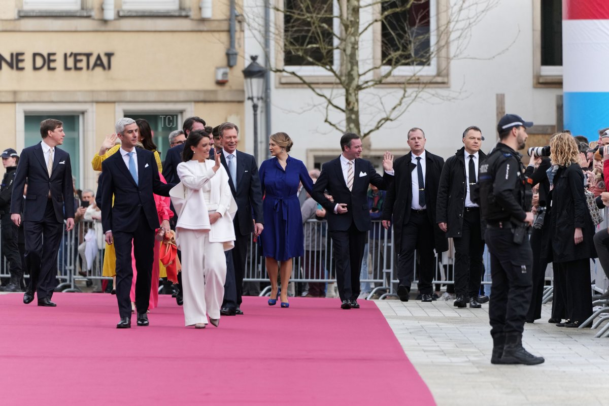 Members of Luxembourg's royal family arrive at the Hotel de Ville for Princess Alexandra and Nicolas Bagory's civil wedding ceremony on April 22, 2023 in Luxembourg (Sylvain Lefevre/Getty Images)