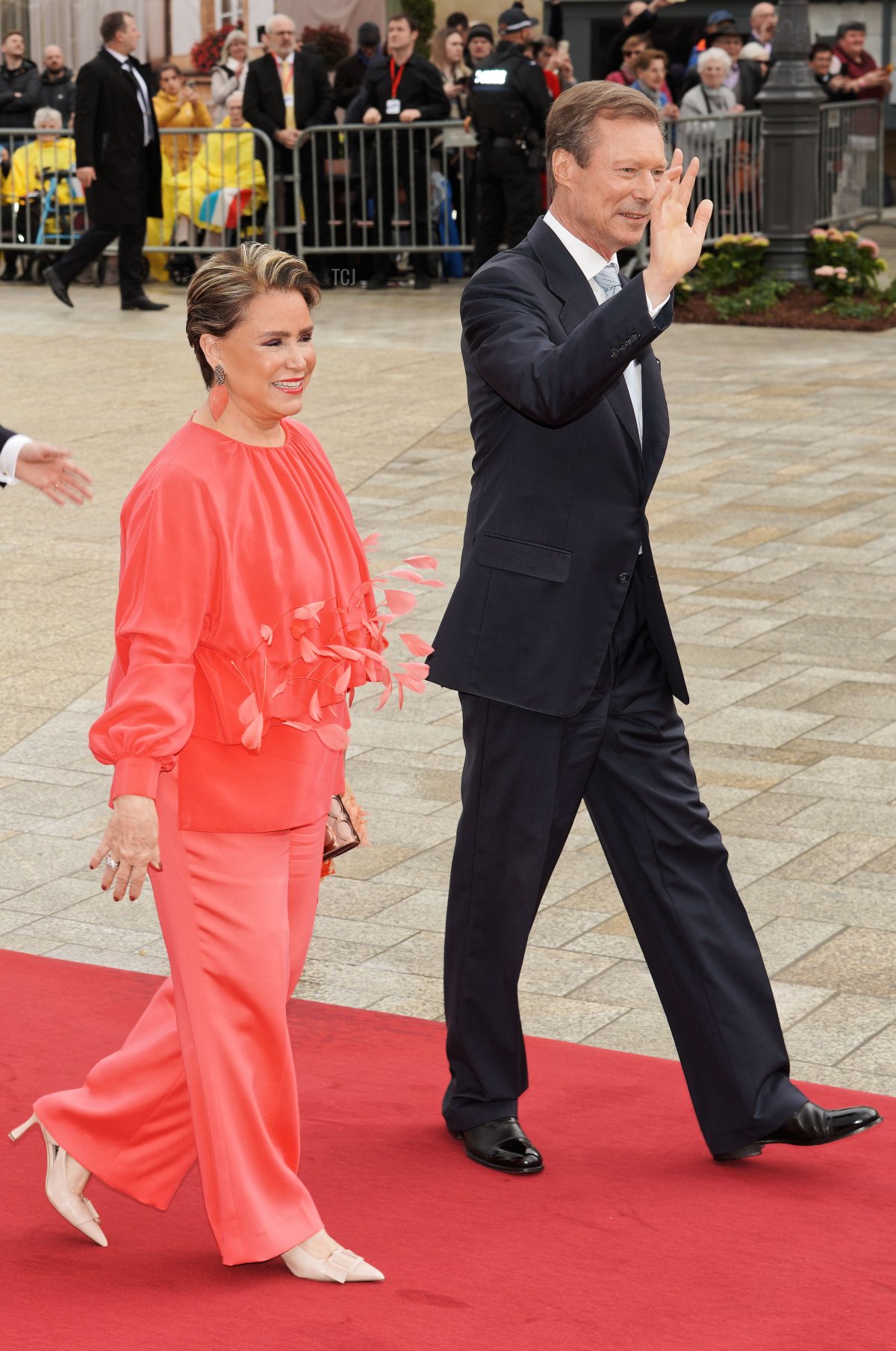 Grand Duke Henri and Grand Duchess Maria Teresa of Luxembourg arrive at the Hotel de Ville for Princess Alexandra and Nicolas Bagory's civil wedding ceremony on April 22, 2023 in Luxembourg (Sylvain Lefevre/Getty Images)