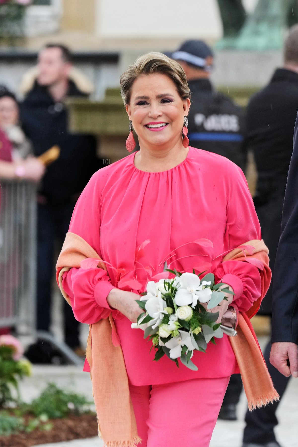 Grand Duchess Maria Teresa of Luxembourg leaves the Hotel de Ville after Princess Alexandra and Nicolas Bagory's civil wedding ceremony on April 22, 2023 in Luxembourg (Sylvain Lefevre/Getty Images)