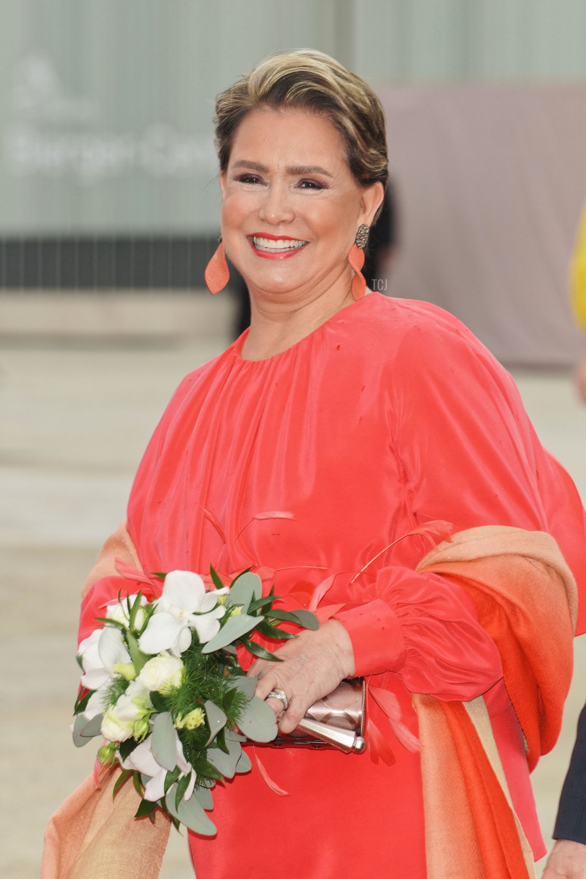 Grand Duchess Maria Teresa of Luxembourg leaves the Hotel de Ville after Princess Alexandra and Nicolas Bagory's civil wedding ceremony on April 22, 2023 in Luxembourg (Sylvain Lefevre/Getty Images)