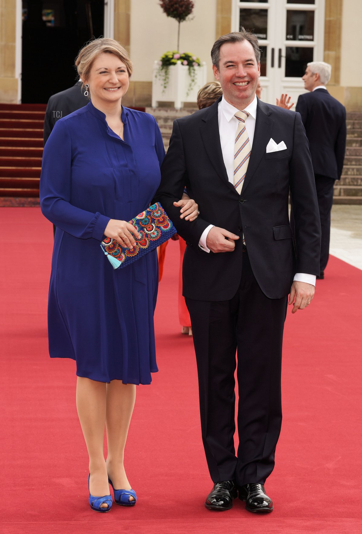 Hereditary Grand Duke Guillame and Hereditary Grand Duchess Stephanie of Luxembourg arrive at the Hotel de Ville for Princess Alexandra and Nicolas Bagory's civil wedding ceremony on April 22, 2023 in Luxembourg (Sylvain Lefevre/Getty Images)