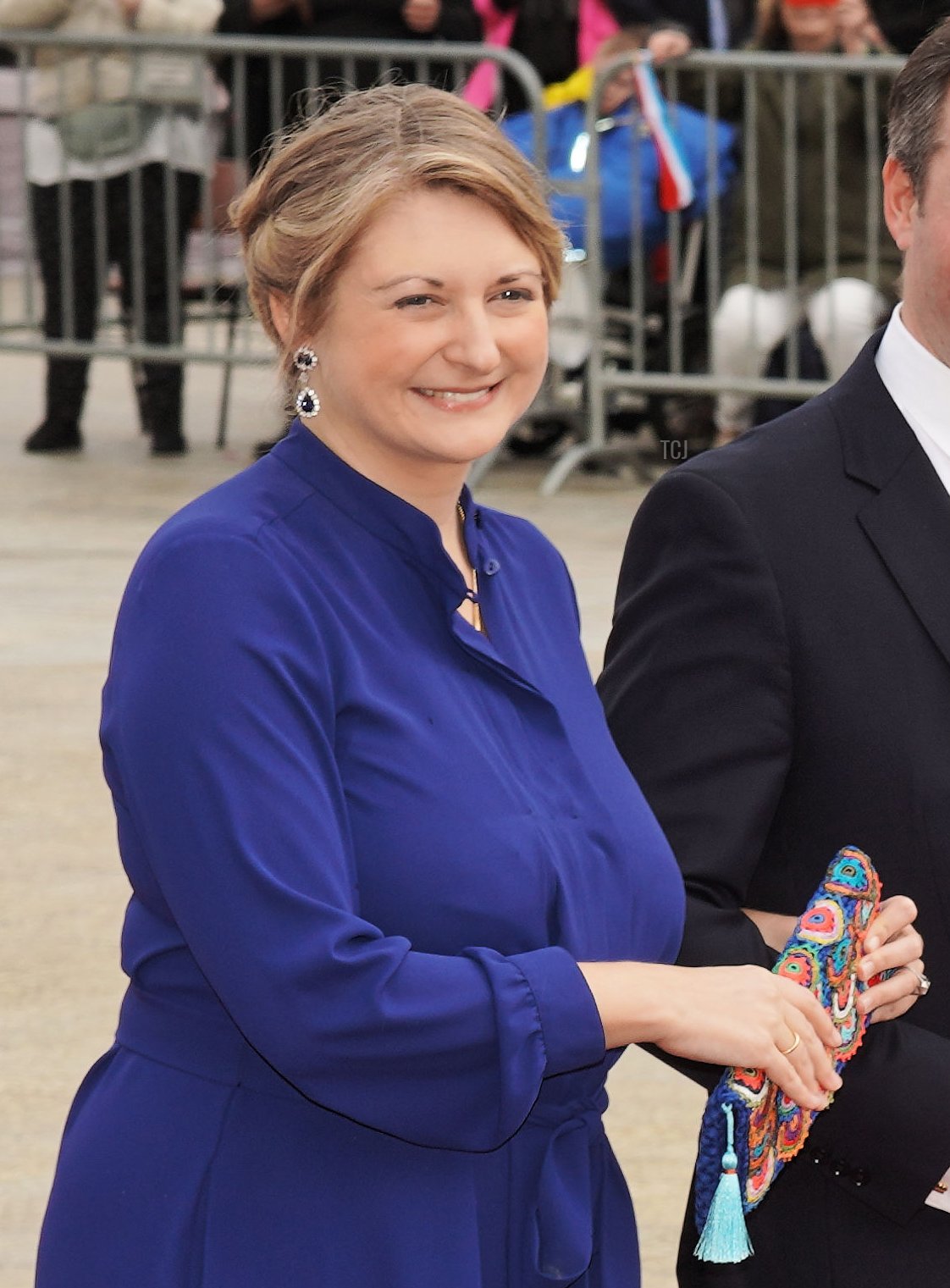 Hereditary Grand Duchess Stephanie of Luxembourg arrives at the Hotel de Ville for Princess Alexandra and Nicolas Bagory's civil wedding ceremony on April 22, 2023 in Luxembourg (Sylvain Lefevre/Getty Images)