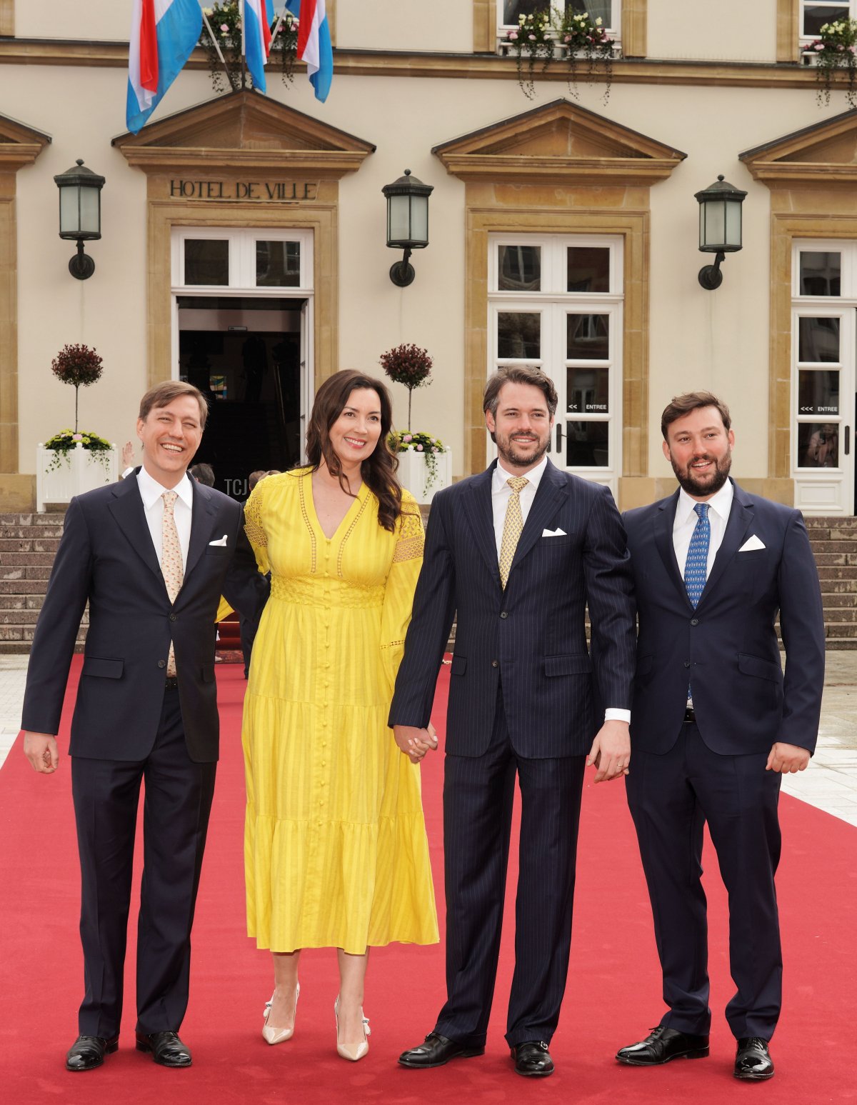 Prince Louis, Princess Claire, Prince Felix, and Prince Sebastien of Luxembourg arrive at the Hotel de Ville for Princess Alexandra and Nicolas Bagory's civil wedding ceremony on April 22, 2023 in Luxembourg (Sylvain Lefevre/Getty Images)