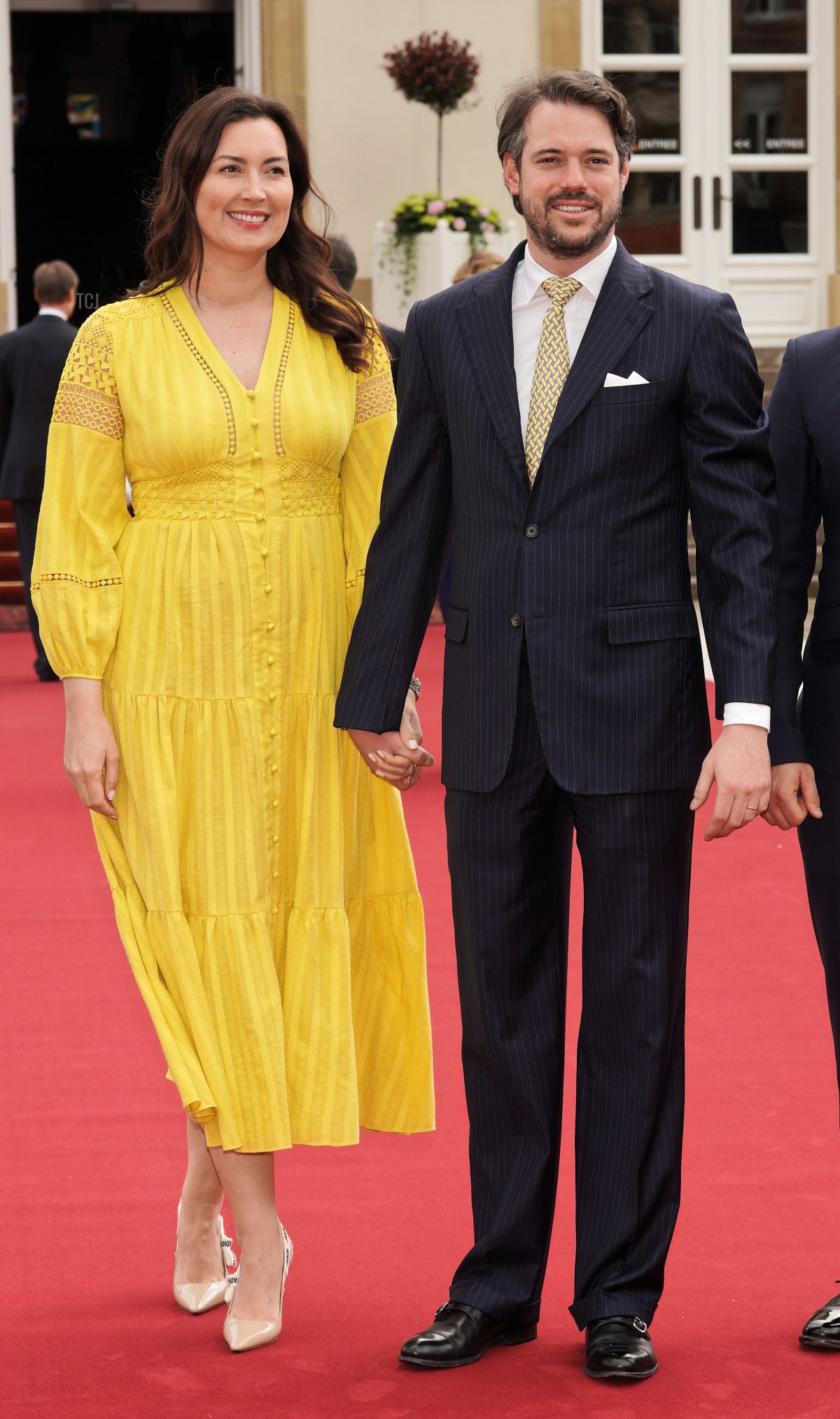 Prince Felix and Princess Claire of Luxembourg arrive at the Hotel de Ville for Princess Alexandra and Nicolas Bagory's civil wedding ceremony on April 22, 2023 in Luxembourg (Sylvain Lefevre/Getty Images)