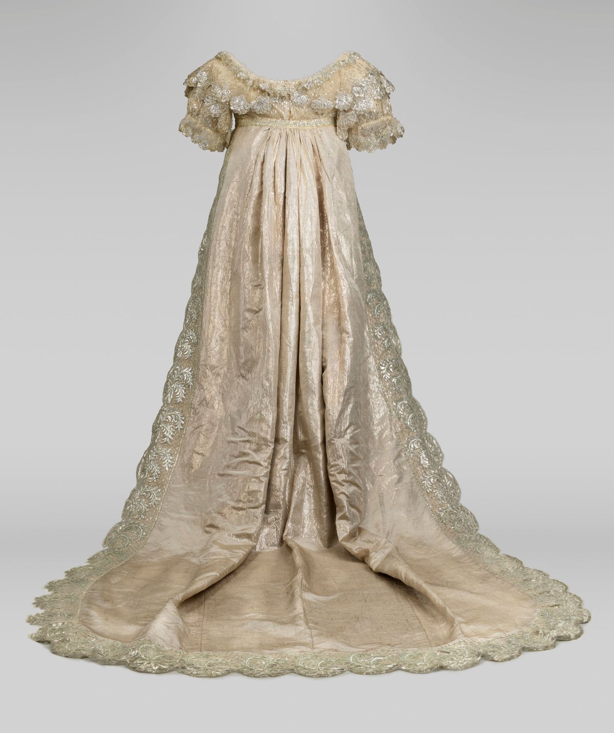 The wedding dress of Princess Charlotte of Wales (1796-1817), on display in 2023 at the Queen's Gallery, Buckingham Palace (Royal Collection Trust)