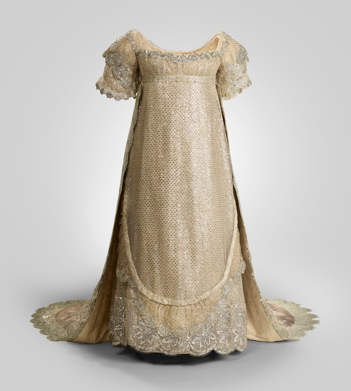 The wedding dress of Princess Charlotte of Wales (1796-1817), on display in 2023 at the Queen's Gallery, Buckingham Palace (Royal Collection Trust)