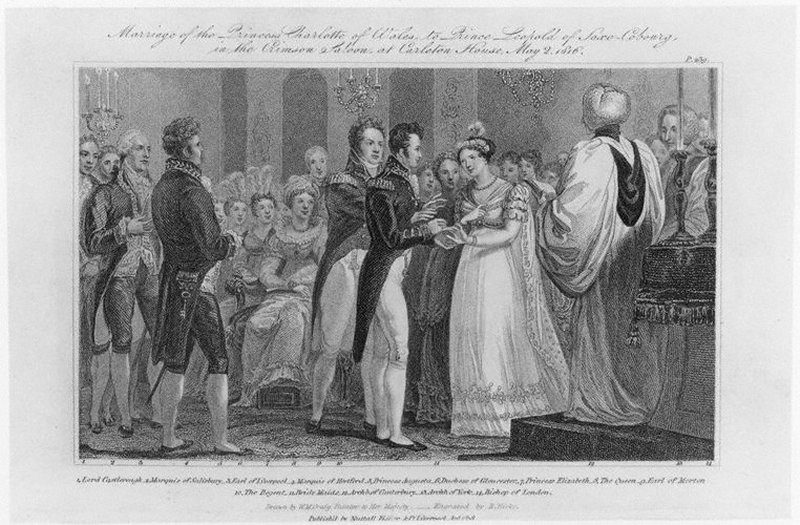 Illustration of the wedding of Princess Charlotte of Wales (1796-1817) and Prince Leopold of Saxe-Coburg and Gotha (1790-1865), ca. 1816 (Wikimedia Commons)