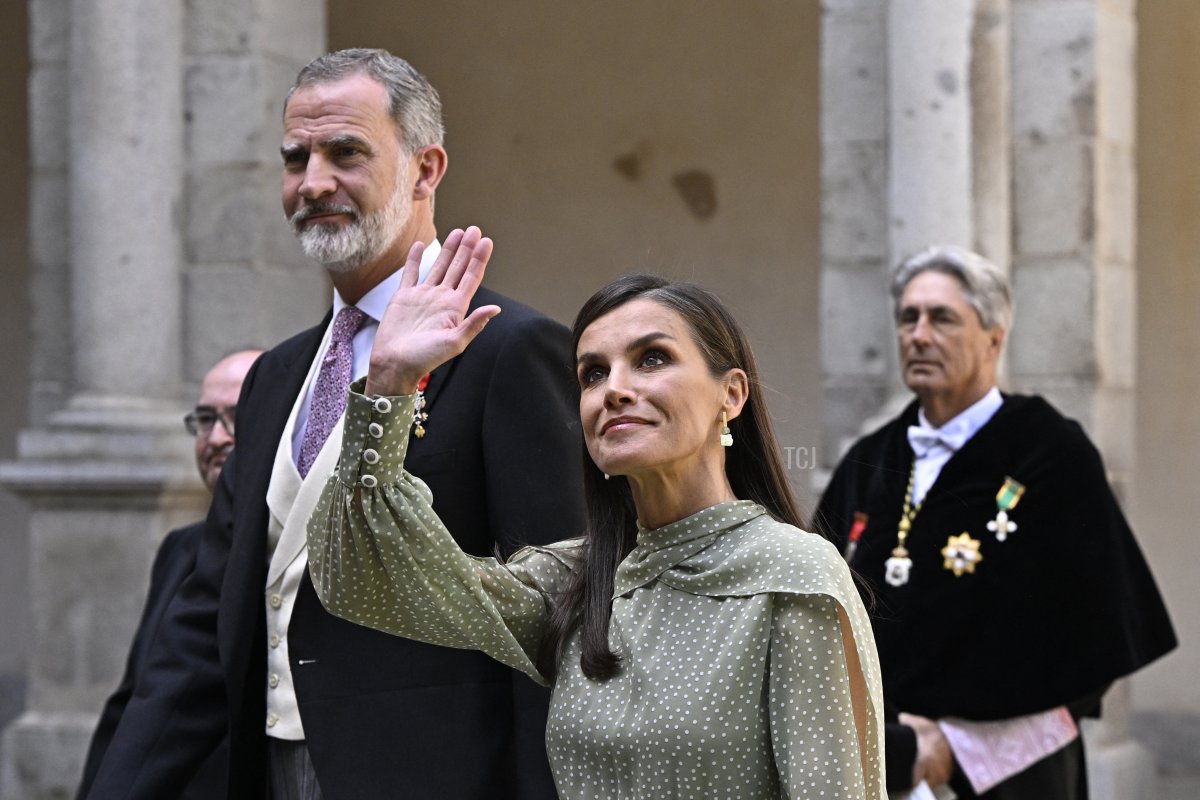 King Felipe VI and Queen Letizia of Spain arrive at the University of Alcala de Henares for the presentation of the Miguel de Cervantes Prize on April 24, 2023 (JAVIER SORIANO/AFP via Getty Images)
