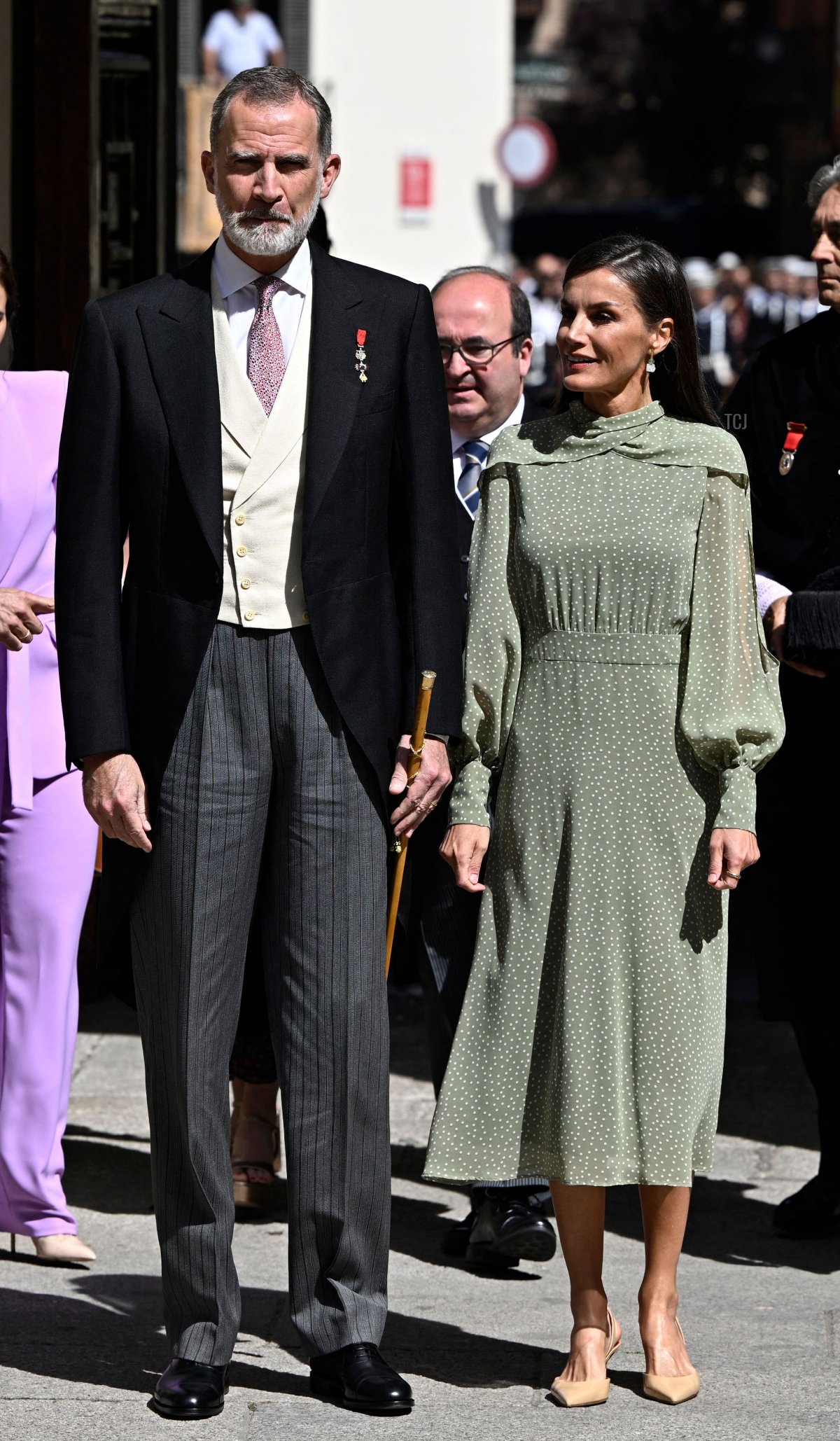 King Felipe VI and Queen Letizia of Spain arrive at the University of Alcala de Henares for the presentation of the Miguel de Cervantes Prize on April 24, 2023 (JAVIER SORIANO/AFP via Getty Images)
