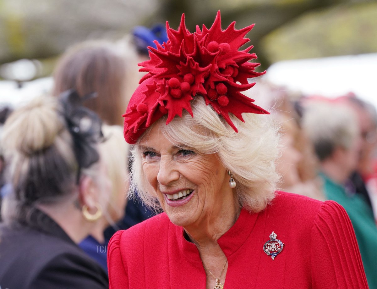 Queen Camilla, Colonel of Grenadier Guards meets guests after a ceremony to present the new standards and colours to the Royal Navy, the Life Guards of the Household Cavalry Mounted Regiment, The King's Company of the Grenadier Guards and The King's Colour Squadron of the Royal Air Force at Buckingham Palace, in London, on April 27, 2023 (YUI MOK/POOL/AFP via Getty Images)