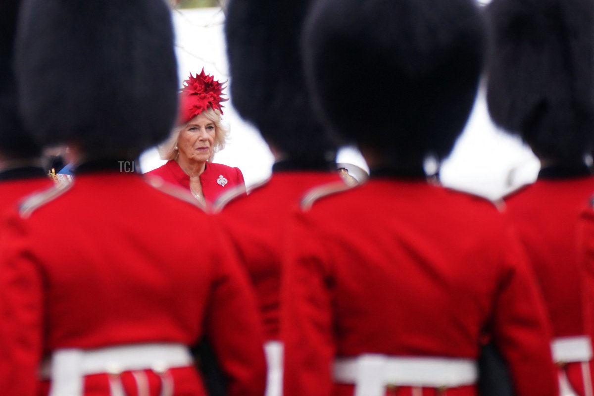 Queen Camilla attends a ceremony to present new standards and colours to the Royal Navy, the Life Guards of the Household Cavalry Mounted Regiment, The King's Company of the Grenadier Guards and The King's Colour Squadron of the Royal Air Force at Buckingham Palace, in London, on April 27, 2023 (YUI MOK/POOL/AFP via Getty Images)
