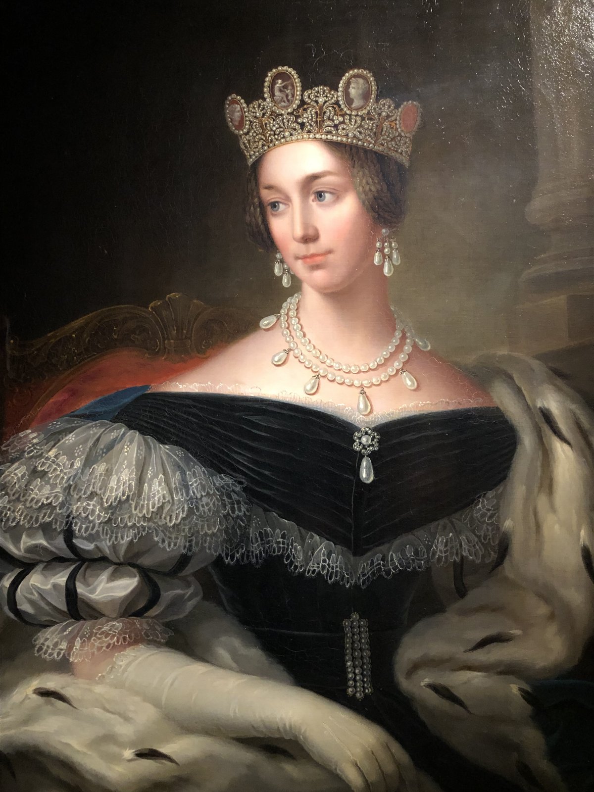 A portrait of Josephine of Leuchtenberg on display at the Royal Palace in Stockholm, part of the Golden Jubilee festivities for King Carl XVI Gustaf of Sweden, 2023 (Photo generously shared with us by Kristina; do not reproduce)
