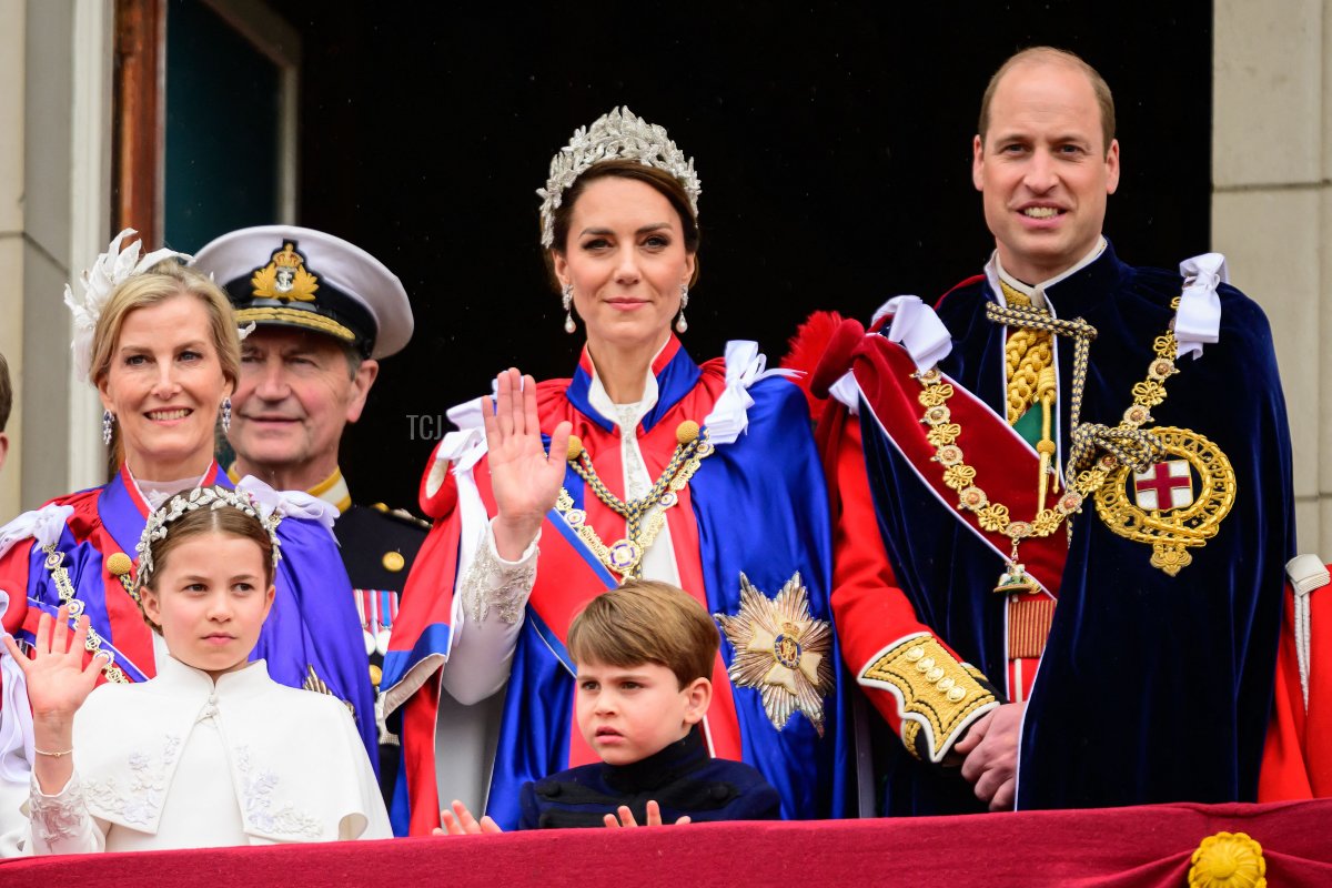 The Duchess of Edinburgh, Sir Timothy Laurence, the Princess of Wales, the Prince of Wales, and Princess Charlotte and Prince Louis of Wales appear on the Buckingham Palace balcony after the coronation service, May 6, 2023 (LEON NEAL/POOL/AFP via Getty Images)