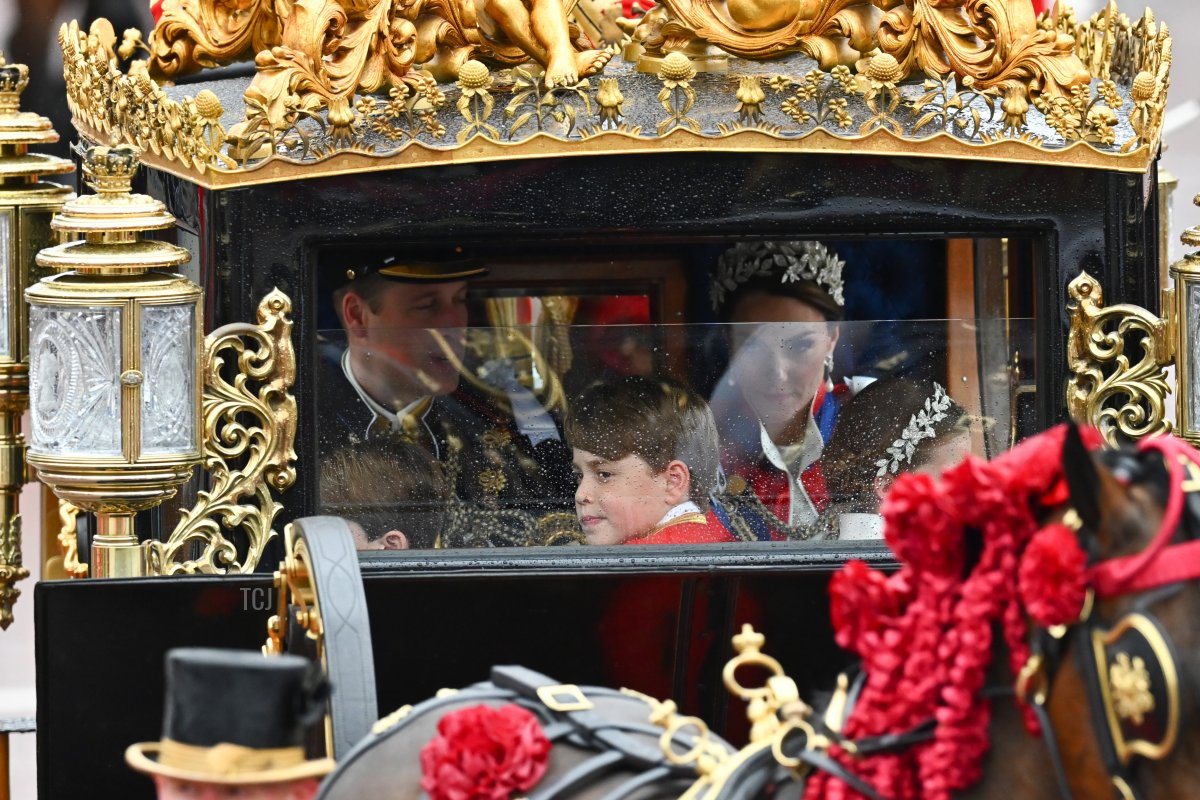 The Prince and Princess of Wales, with Prince George, Princess Charlotte, and Prince Louis, ride in the coronation procession from Westminster Abbey to Buckingham Palace, May 6, 2023 (Dan Mullan/Getty Images)