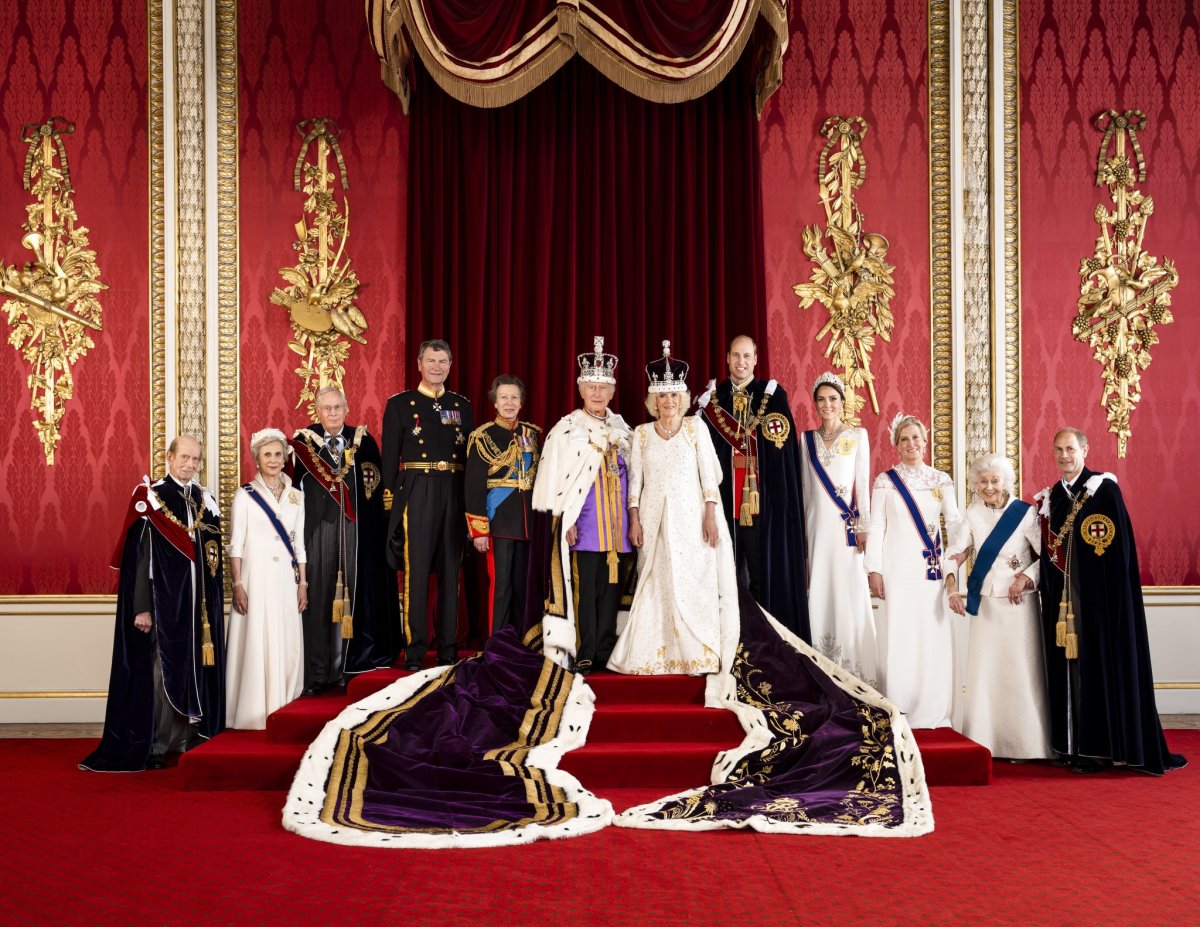 The official group coronation portrait, May 6, 2023: The Duke of Kent, the Duchess of Gloucester, the Duke of Gloucester, Sir Timothy Laurence, the Princess Royal, King Charles III, Queen Camilla, the Prince of Wales, the Princess of Wales, the Duchess of Edinburgh, Princess Alexandra, and the Duke of Edinburgh (Hugo Burnand/Buckingham Palace)