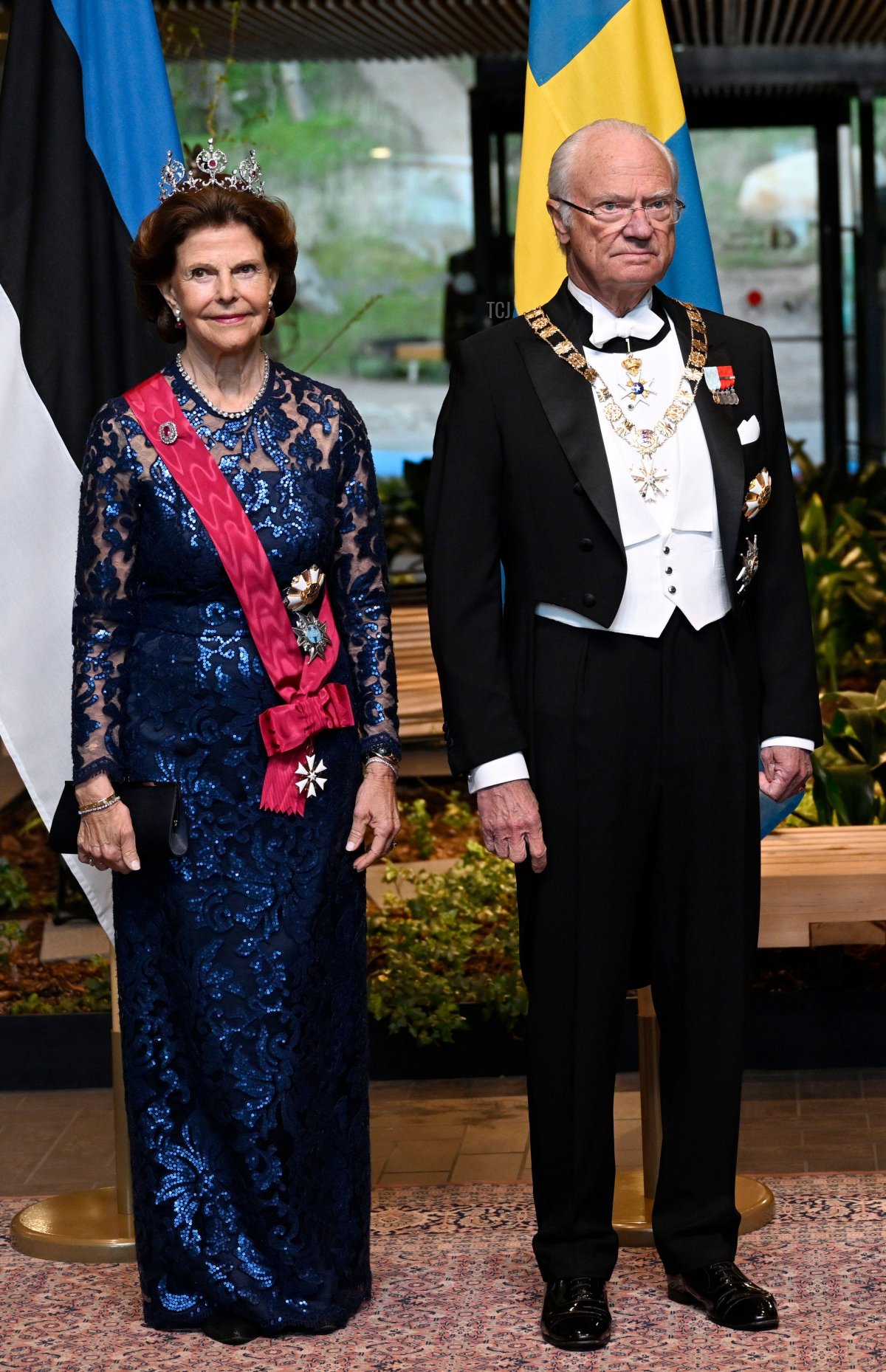 King Carl XVI Gustaf and Queen Silvia of Sweden attend a state dinner hosted by the President of Estonia in Tallinn, May 2, 2023 (Pontus Lundahl/TT News Agency/Alamy)
