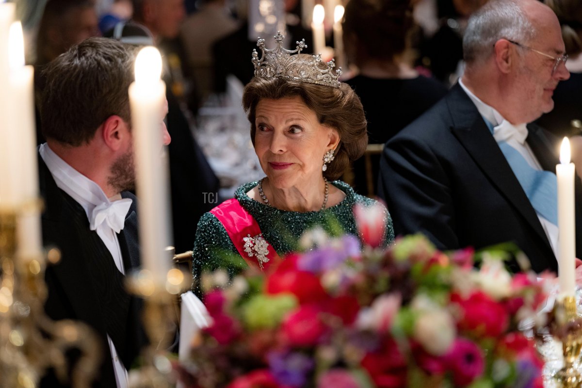 Queen Silvia of Sweden attends the return dinner in Tallinn during the state visit to Estonia, May 3, 2023 (Pontus Lundahl/TT News Agency/Alamy)