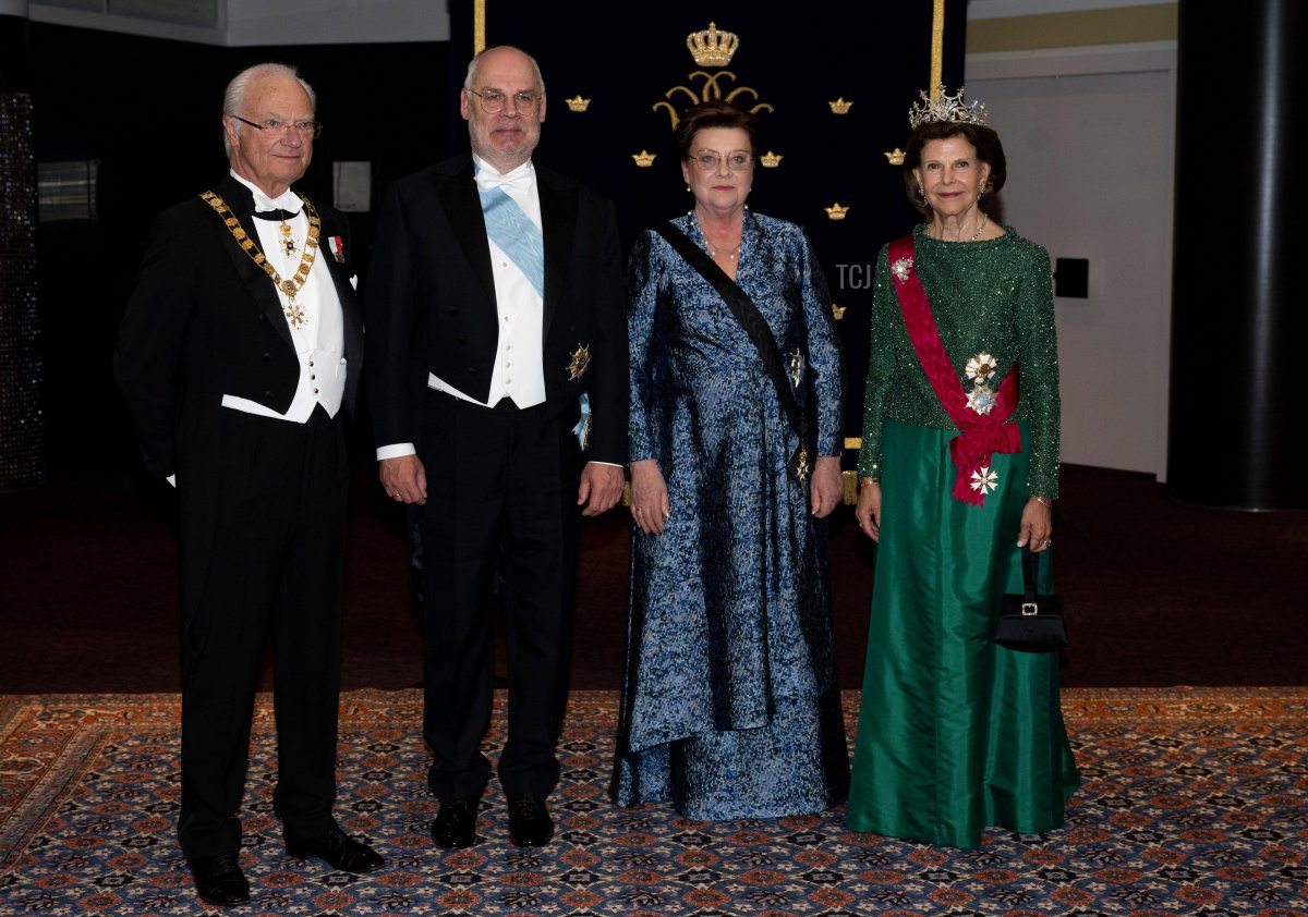 King Carl XVI Gustaf and Queen Silvia of Sweden attend the return dinner in Tallinn during the state visit to Estonia, May 3, 2023 (Pontus Lundahl/TT News Agency/Alamy)