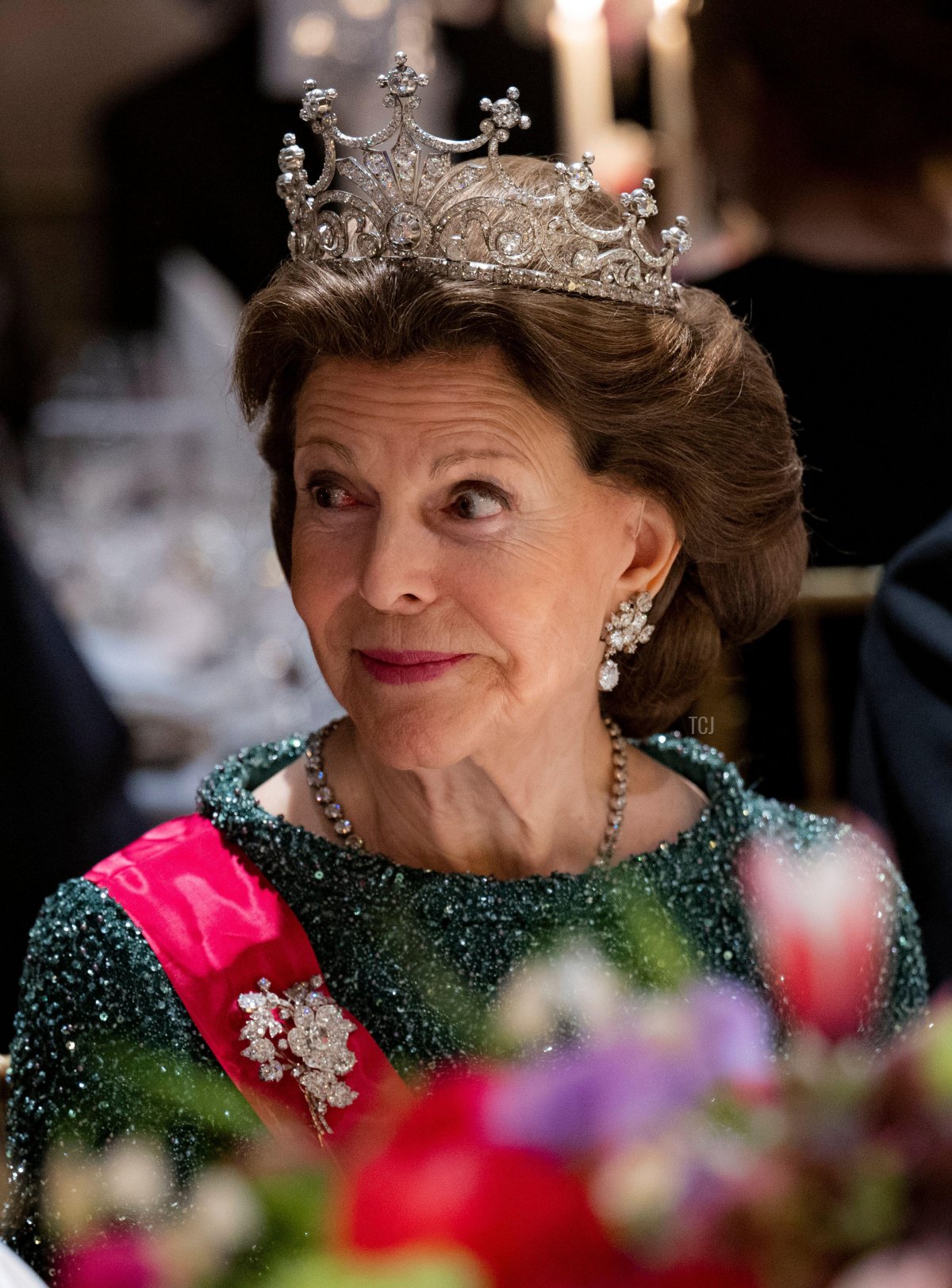Queen Silvia of Sweden attends the return dinner in Tallinn during the state visit to Estonia, May 3, 2023 (Pontus Lundahl/TT News Agency/Alamy)