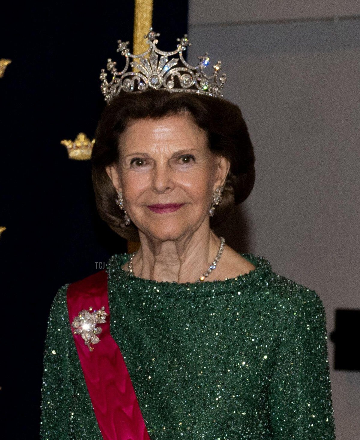 Queen Silvia of Sweden attends the return dinner in Tallinn during the state visit to Estonia, May 3, 2023 (Pontus Lundahl/TT News Agency/Alamy)