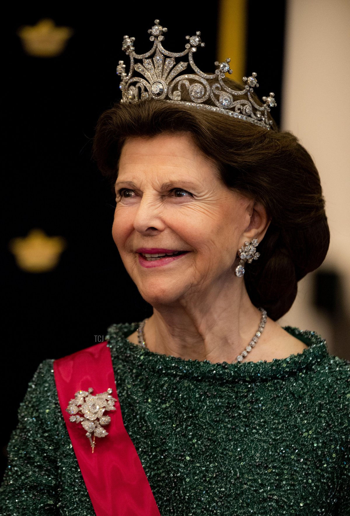 Queen Silvia of Sweden attends the return dinner in Tallinn during the state visit to Estonia, May 3, 2023 (Pontus Lundahl/TT News Agency/Alamy)